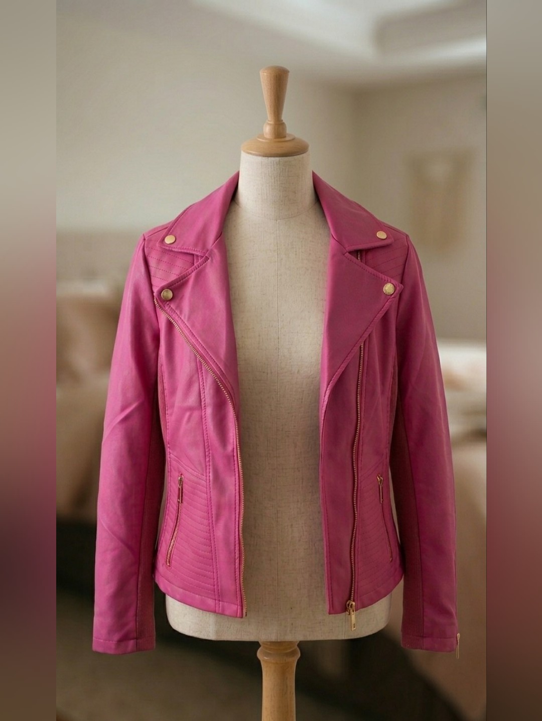 Kenneth Cole Reaction Pink Faux Leather Moto Jacket Size M